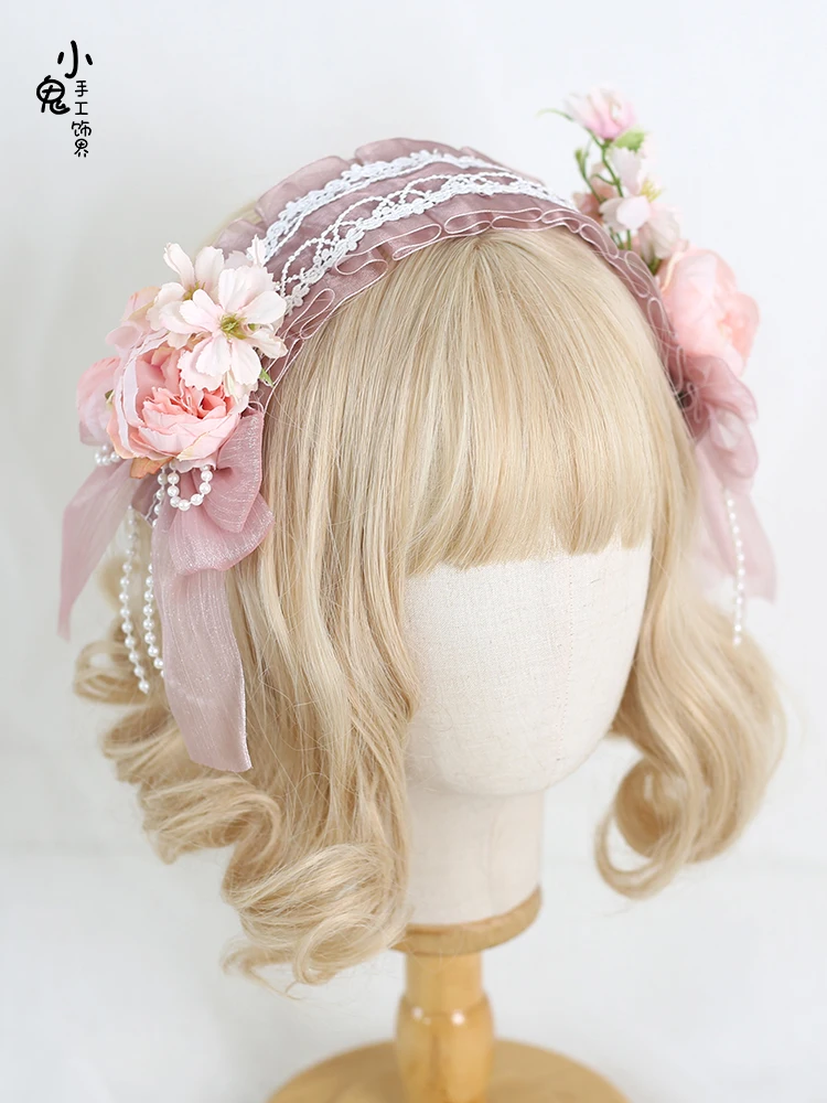 Ribbon Bow Hairband with Hairpins Girls Lolita Lace Ruffled Headband Sweet Embroidery Anime Maid Cosplay Headdress