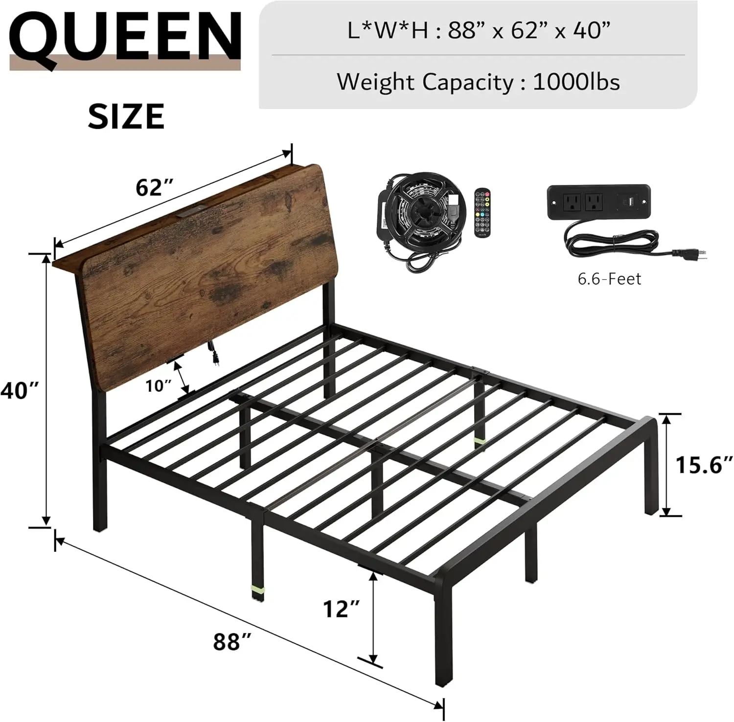 Queen Metal Bed Frame with LED Lights & Charging Station, Platform Bed with Ergonomic Storage Headboard, Steel Slats Supports