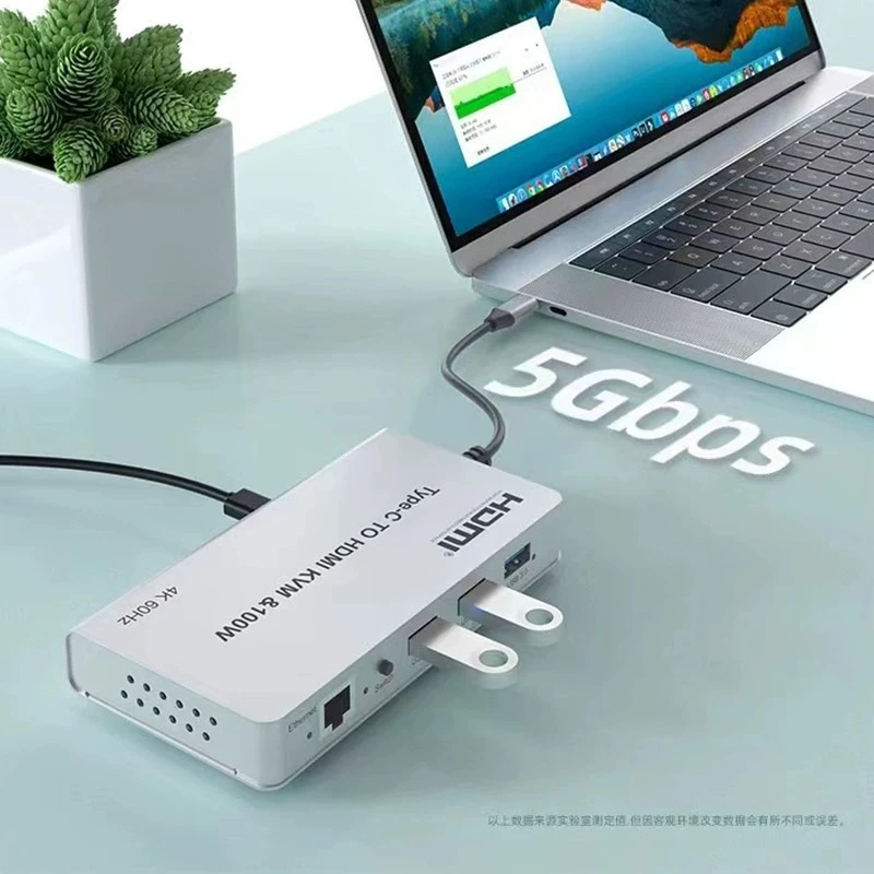 Type C To HDMI KVM Adapter 2 in 1 Out 4K 60Hz 2x1 Switcher with 3 Port USB3.0 Support Mouse Keyboard U Disk 100W PD Fast Charge