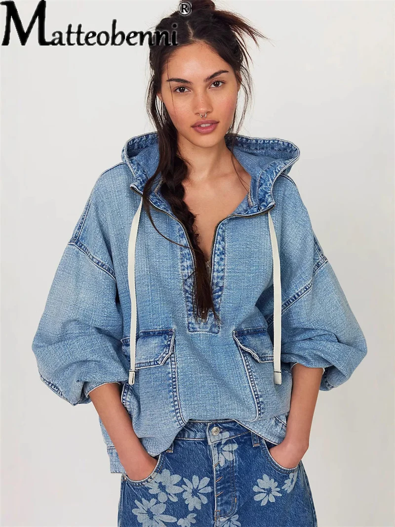 Fashion Casual Washed Denim Drawstring Hoodies Women Loose Vintage Hooded Pullover Tops 2025 Autumn Female Sweatshirt Streetwear