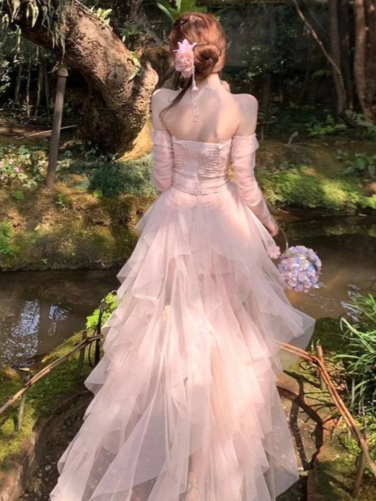 New Japanese Sweet Fashion Design 2piece Set Women Y2k Strapless Tops + Irregular Long Skirt Harajuku Casual Fairy Party Outfits