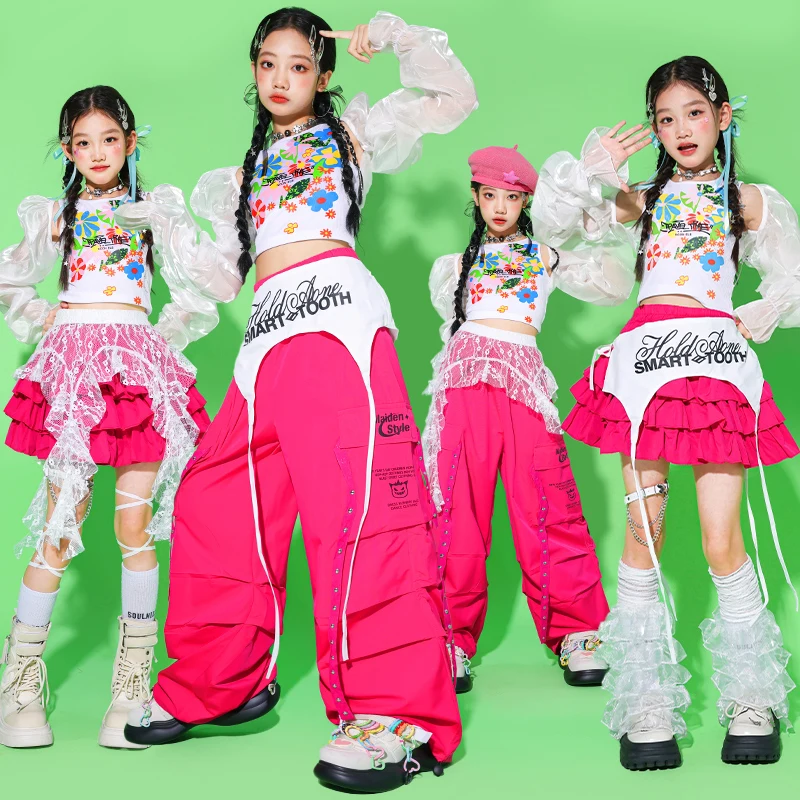

K-pop укороченный топ с открытыми плечами для девочек, кружевные брюки-карго, танцевальные пачки, детская уличная одежда в стиле хип-хоп, комплекты детской одежды для джазовых девочек
