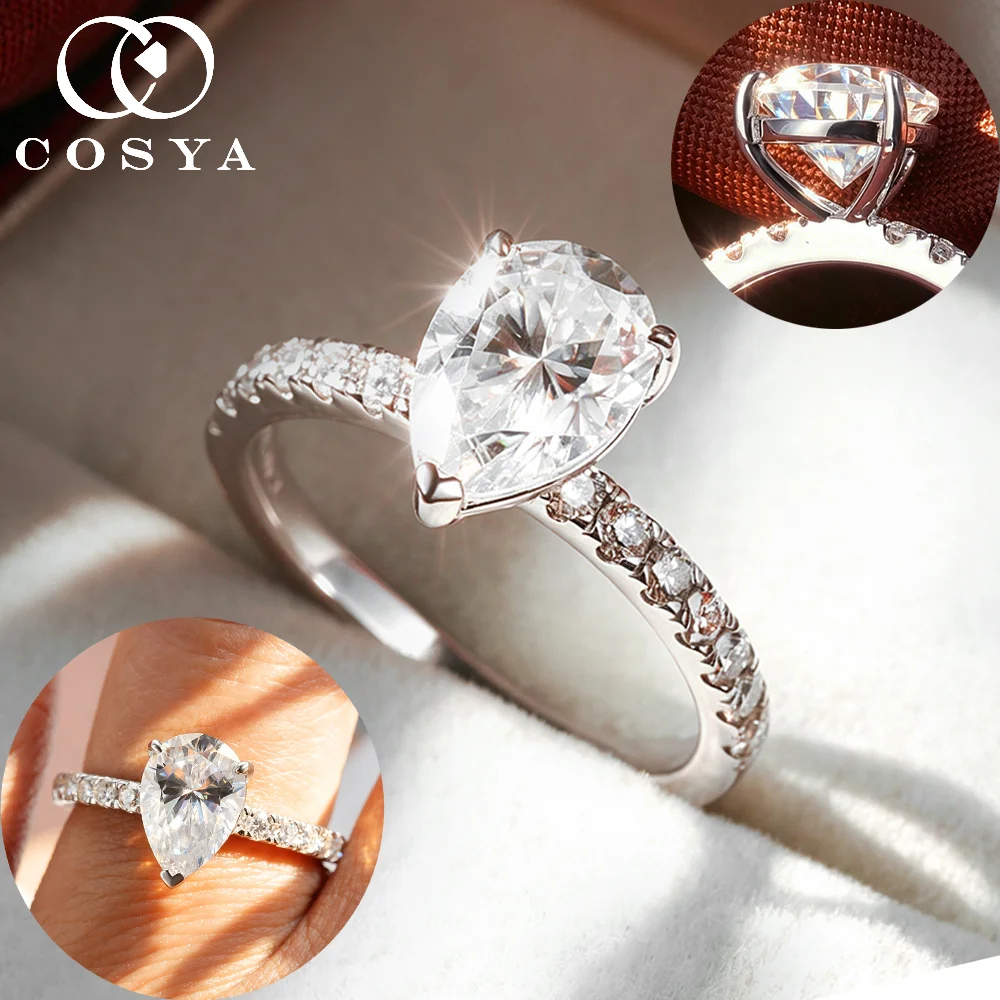 

COSYA 2CT 7*10mm Pear Cut Moissanite Ring for Women 100% S925 Silver Certified Waterdrop Diamond Wedding Band Fine Jewelry Gift