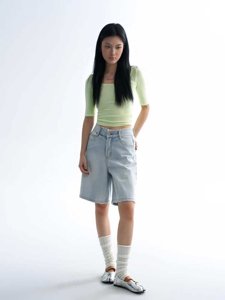 ZHISILAO عادية الدانتيل طباعة الركبة طول الدنيم السراويل النساء خمر عادية الأزرق شورت جينز صيف 2025 الشارع الشهير