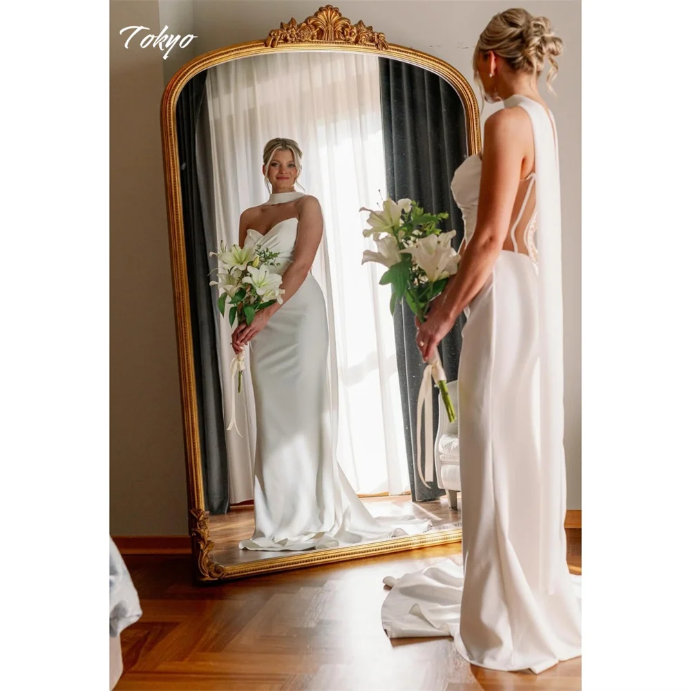Tokyo Aangepaste witte trouwjurk met hartvormige hals, mouwloze bruidssluier met ritssluiting aan de achterkant, elegante zeemeermin trouwjurk