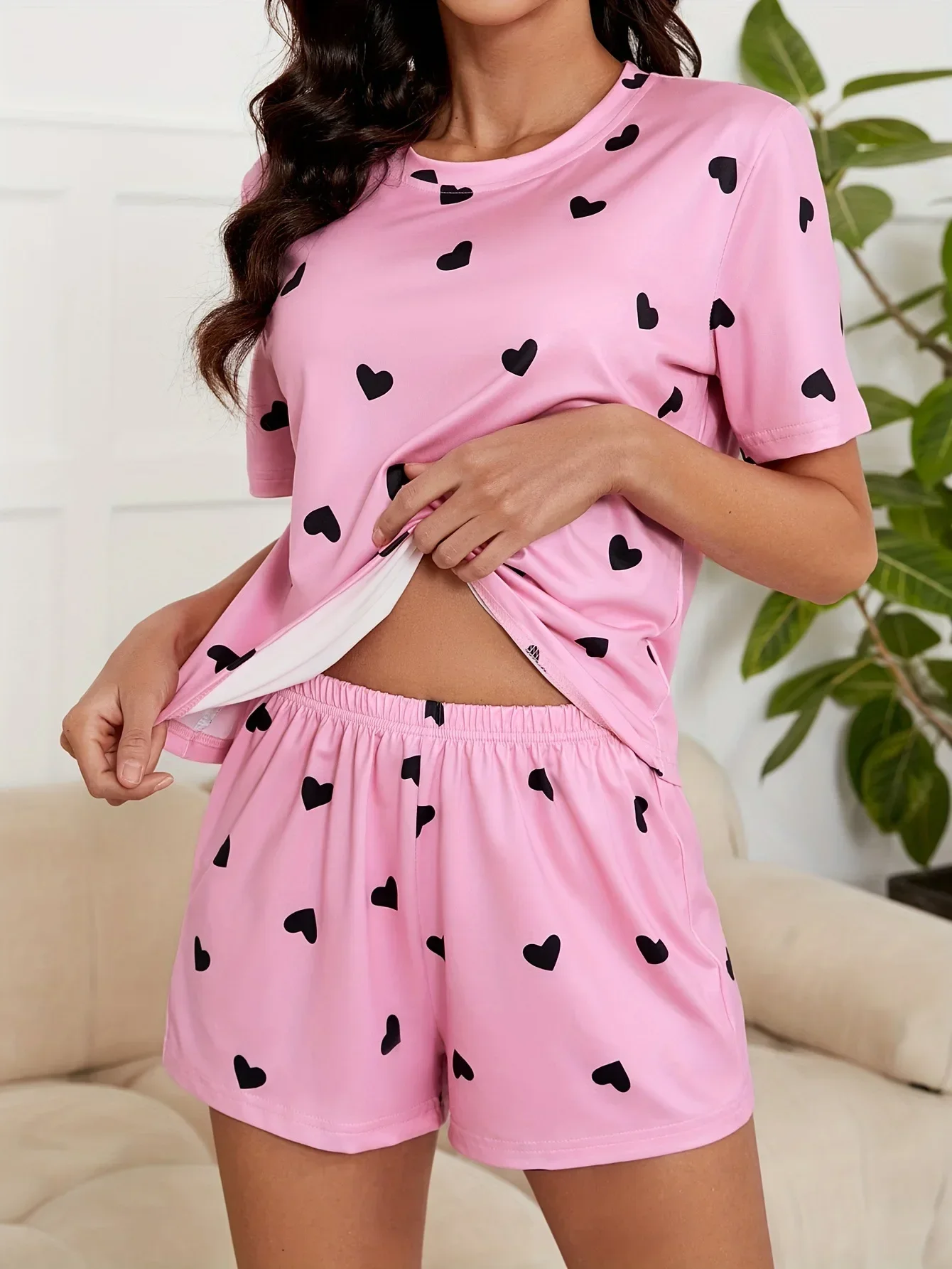 Pajama Sets Women Sleepwear Sexy Lingerie Pink Heart Love Printed Tee Shirt and Shorts Set Homewear Outfit Lounge Pijamas