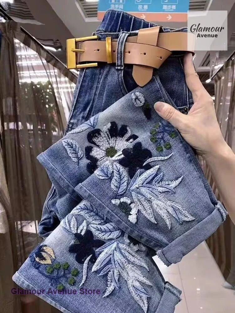 Korean retro jacquard high waist straight jeans women's spring and autumn new plus size fashion Joker slim loose wide-leg pants.