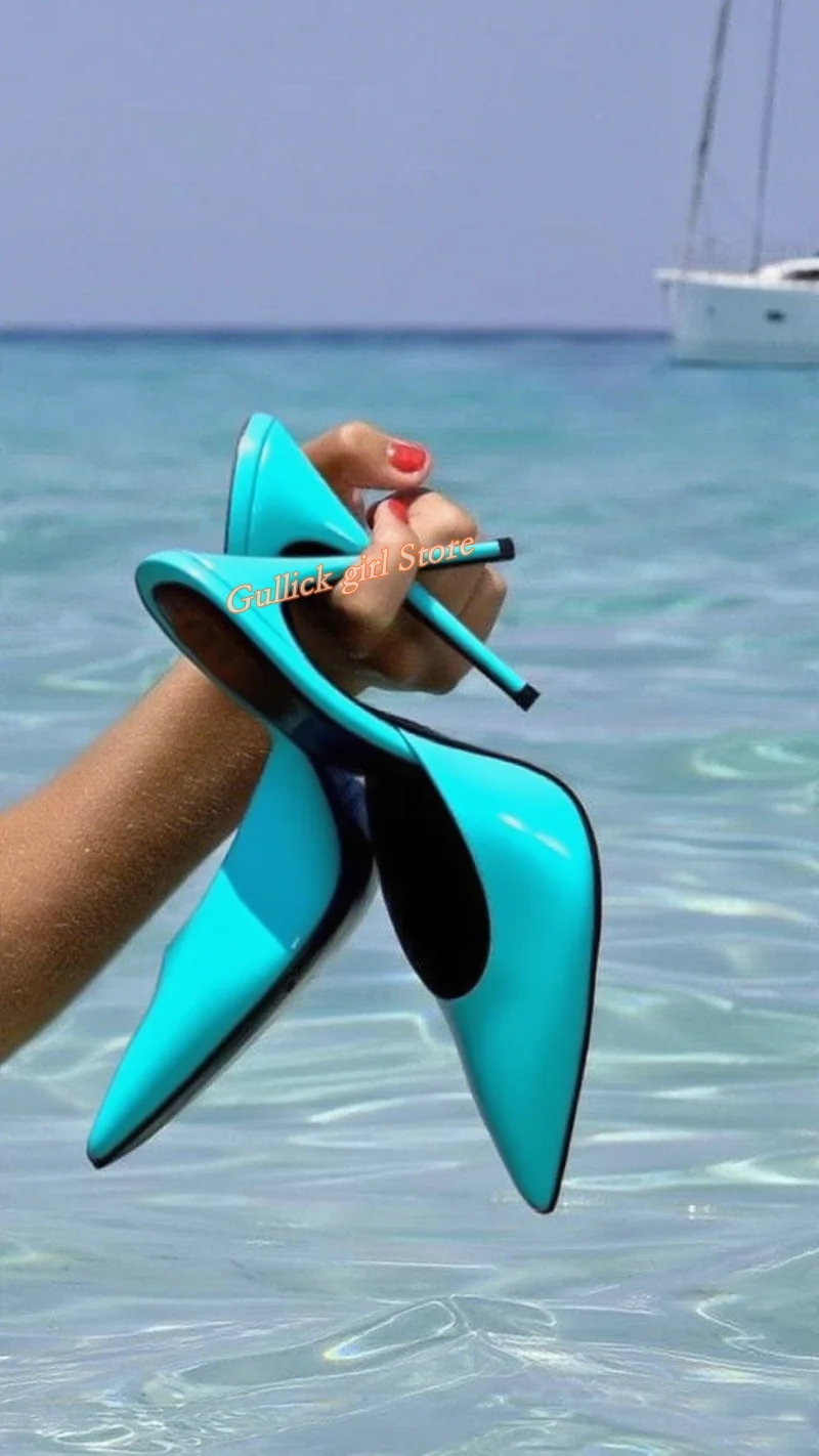 

Patent Leather Thin High Heel Slippers Sexy Pointy Toe Slip On Fashion 2025 Summer Women Runway Dress Slides Solid Blue Red