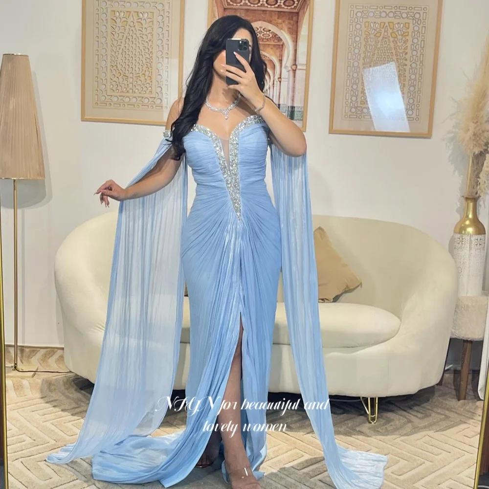 

NFYN Pleated Evening Dress Mermaid Party Dress Crystal Stones Chiffon Formal Occasion Dress for Arabic Women Customized