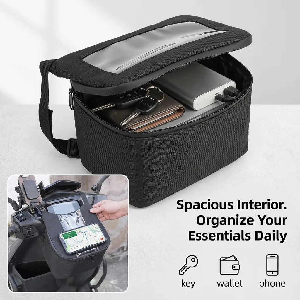 Motorcycle Handlebar Front Dashboard Bag, Waterproof Touch Screen Phone Navigation Hanging Storage Pouch for E-bike, Riding Acce