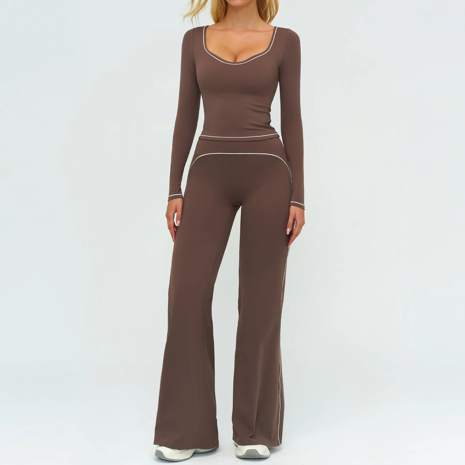 2 pçs conjunto de yoga ginásio ternos de fitness ao ar livre roupas esportivas femininas treino treino manga comprida calças largas roupas de ginásio