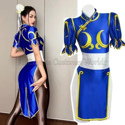 Game Street Chun Li Cosplay Costumes Sutorito Faita Blue Cheongsam Dress Belt Headgear With Women Girls Clothes Halloween Party