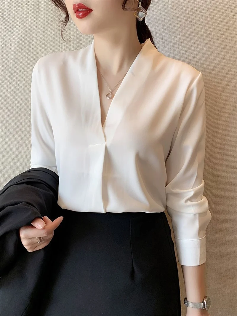 Women Spring Autumn Style Blouses Shirts Lady Office Wear OL Long Sleeve V-Neck Solid Color Blusas Tops WY1004