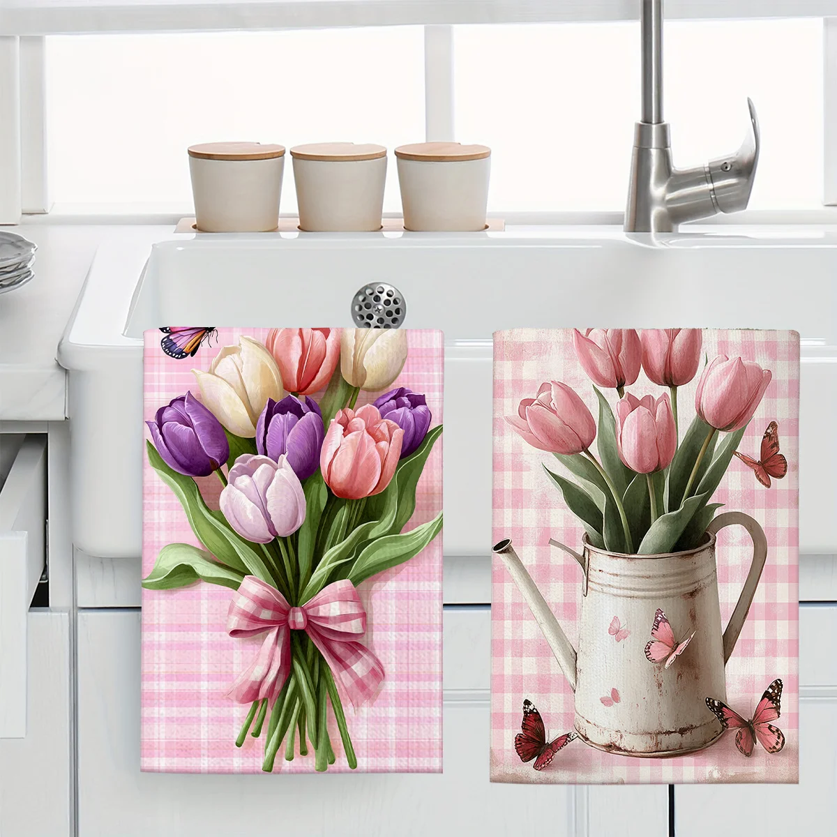 1pc Pink Plaid Tulip & Butterfly Printed Scrub Cloth, Soft Absorbent Hand Towel,Perfect for Kitchen, Dining Room, Bathroom, Dorm