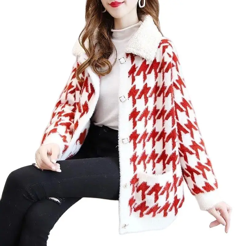 

Women Jacket Nice Autumn Winter Coat Female Imitation Mink Velvet Coats Ladies lattice Thickened lamb Fur Collar Cardigan Jacket