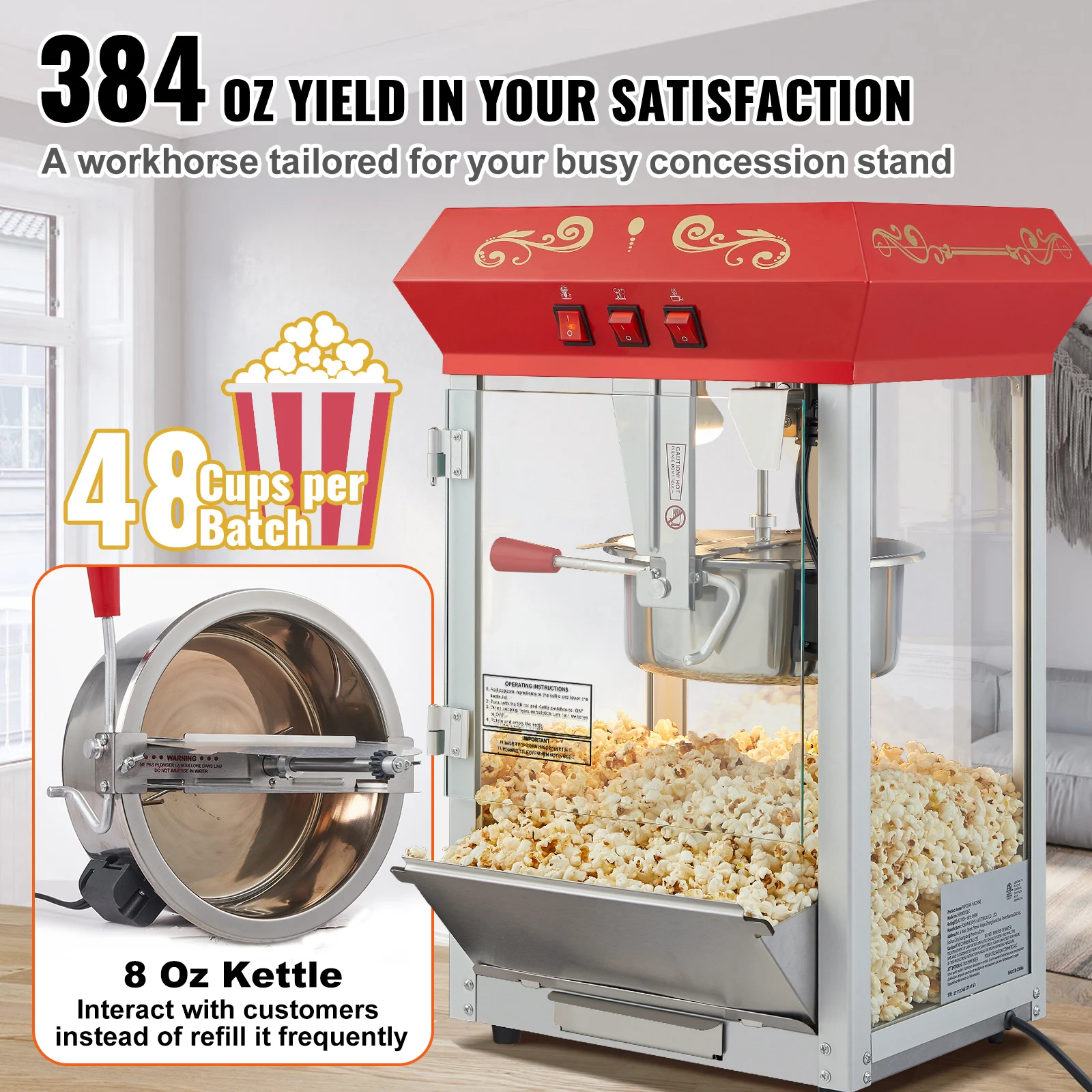 SucceBuy 8 12Oz Popcorn MakerPopcorn Popper Machine Bouilloire fait comptoir Popcorn Maker avec verre trempé