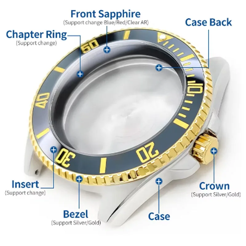 For CASIO MDV-106 Stainless Steel Watch Cases Shiny Brushed Bezel Insert Crown Caseback Sapphire lens Chapter Ring Luminous bead