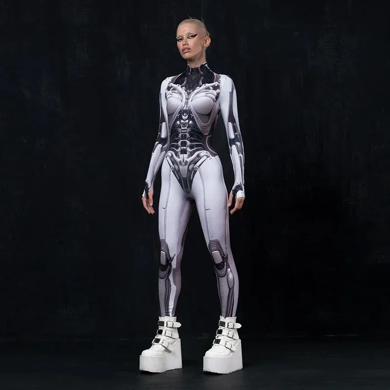 Robot Punk Jumpsuit Catsuit Halloween Cosplay Costumes For Women Carnival Party Long Sleeve Bodysuit Outfit