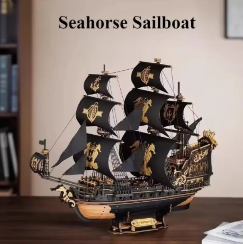 

Robotime Retro Pirate Ship Sea Horse Sailing Ship Desktop Ornament Assembly Model Kit Collectible Decorative Toy Gift