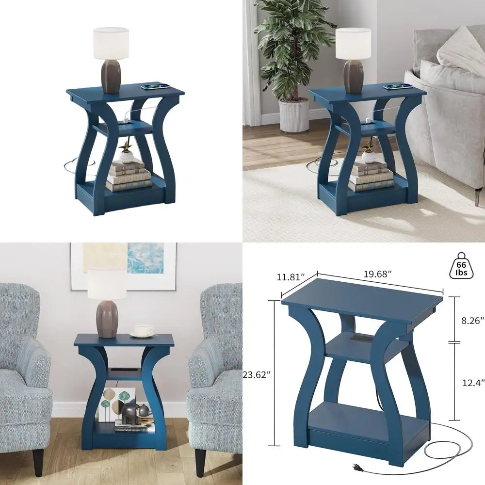 

Charging Station End Table, Navy Blue Side Table, Bedroom Nightstand, 3-Tier Storage End Table for Living Room