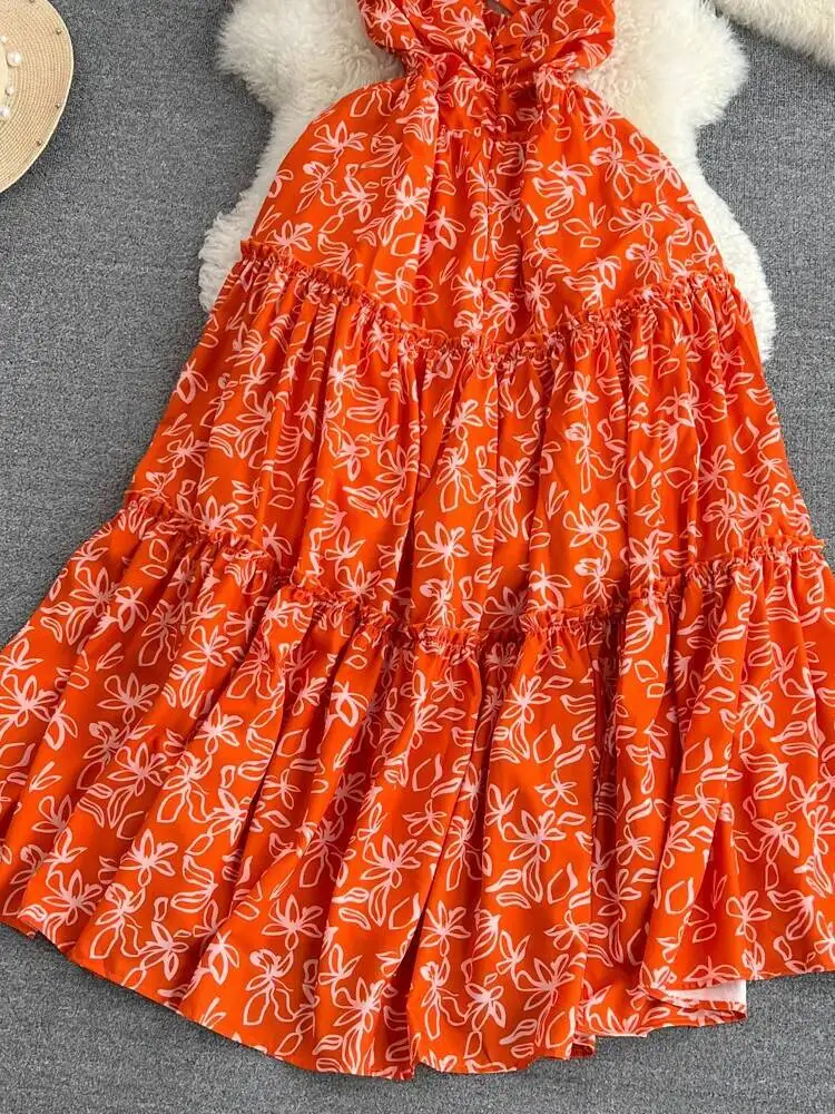 Beach Long Dress Women French Hanging Neck Backless V-neck Sexy Party Dresses Ladies Slim Orange Printed Floral Boho Long Robe