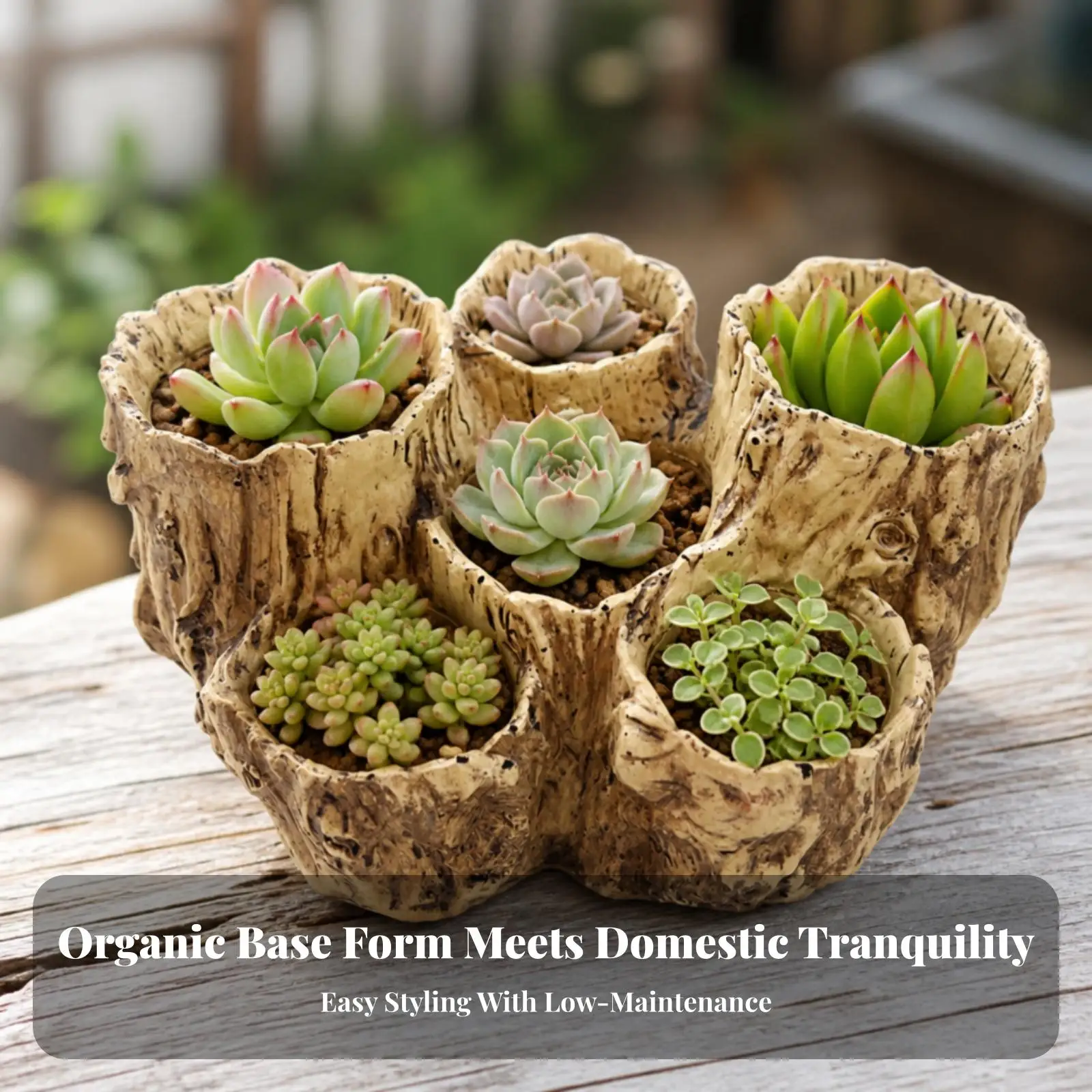 Faux Wood Stump Resin Planter with Irregular Openings for Mini Landscape Home Office Window Decor