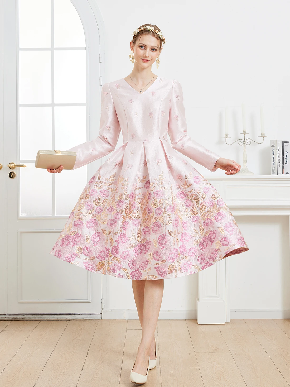 

Осенне-зимнее элегантное романтическое розовое платье во французском стиле с тяжелой вышивкой и v-образным вырезом и длинными рукавами, вечернее банкетное платье, свадебное платье для гостей