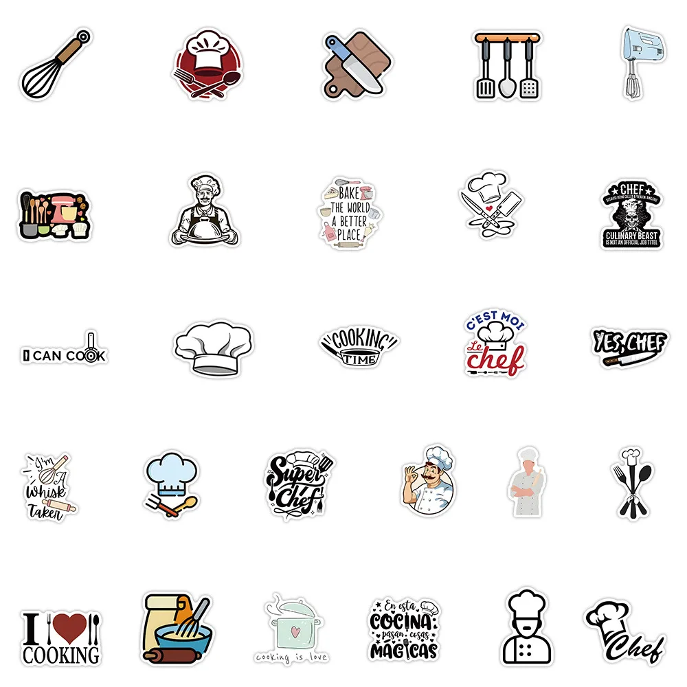 

10/50PCS Chef and Kitchenware Creative Cartoon Kitchen Cooking Doodle Decorative Mobile Case Desk Waterproof Stickers Kids Toy