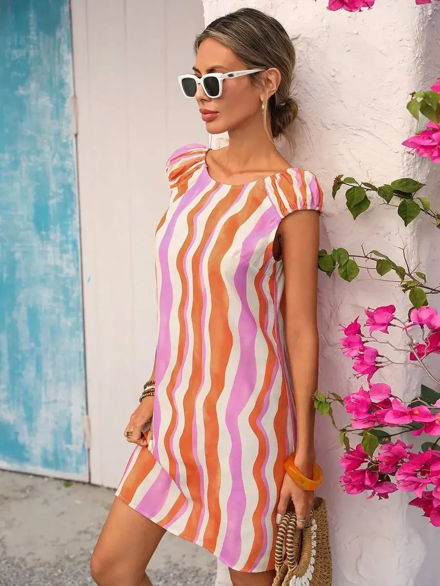 Womens Colorful Striped A-Line Casual Dress, Textured Fabric, Boho Vacation Holiday Outfits, Beach Spring Summer