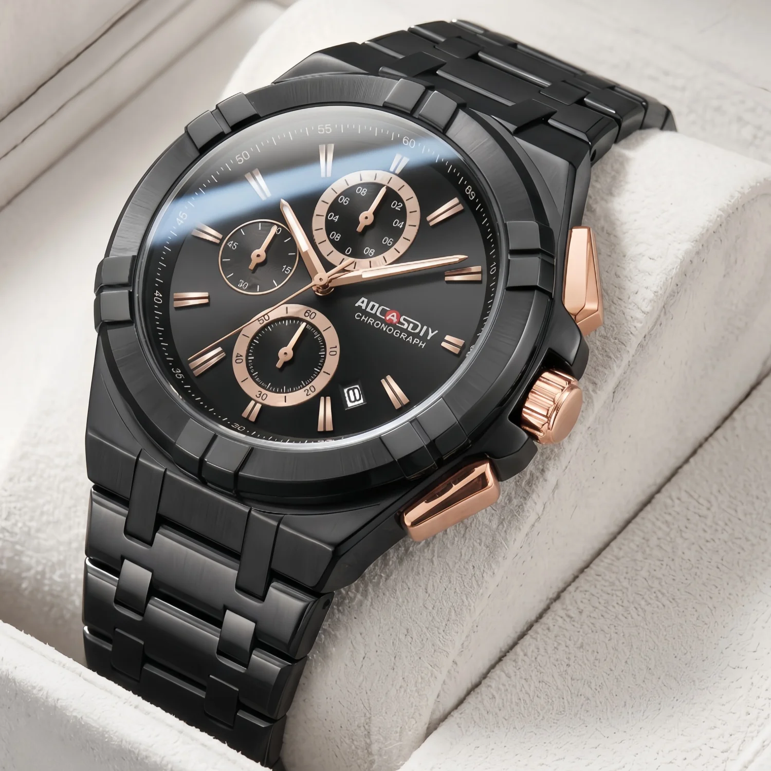AOCASDIY men's quartz watch with alloy case, multiple dials, waterproof night light, single date window, business sports watch