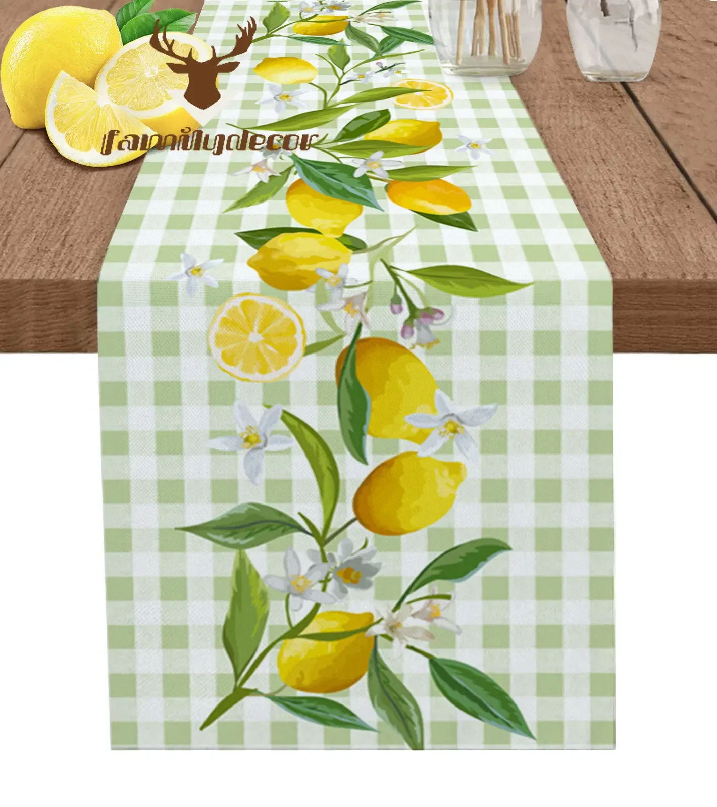 Summer Lemon Plaid Table Runner Home Wedding Decor Table Flag Mat Table Centerpieces Decoration Party Dining Long Tablecloth