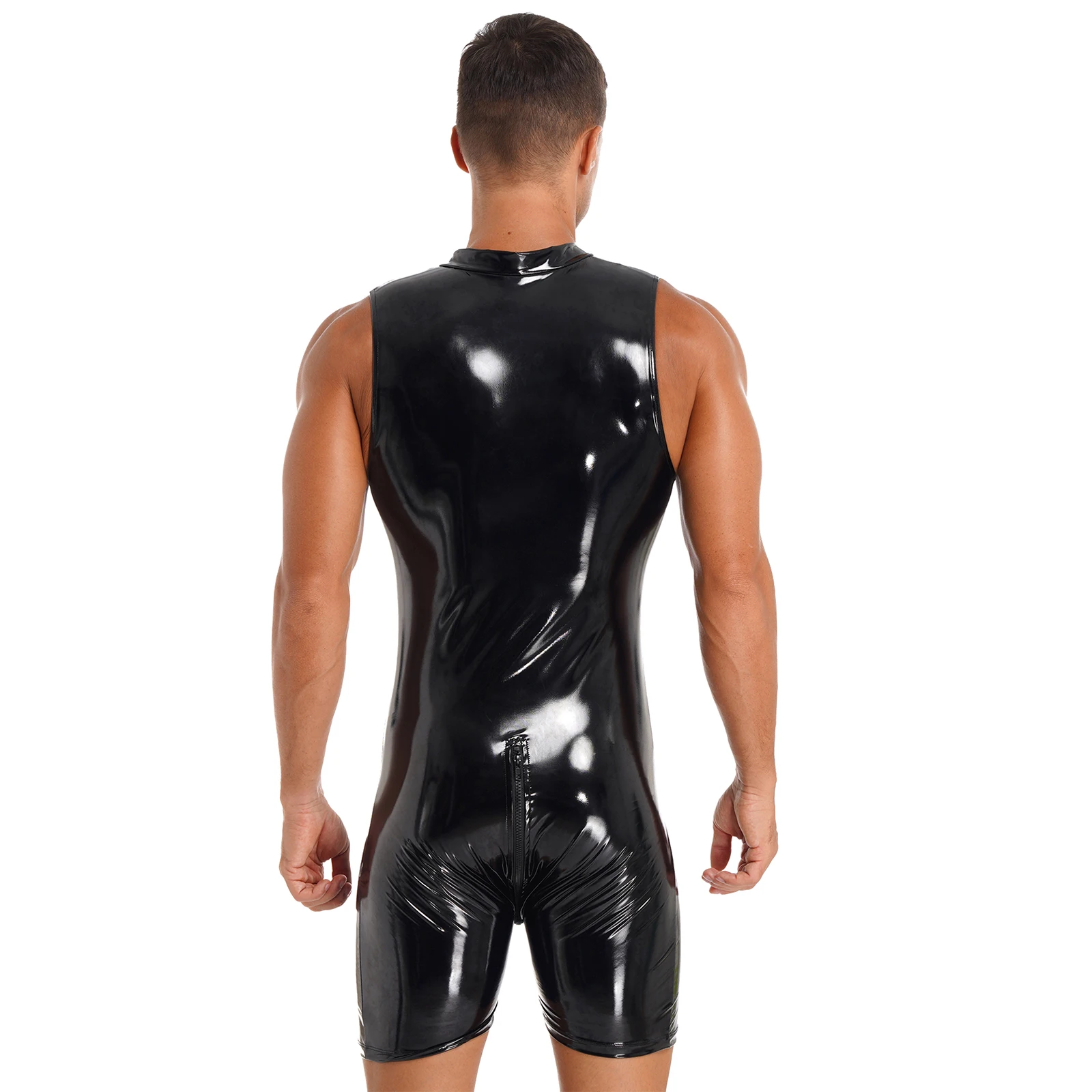 Mens Patent Leather Jumpsuits Sleeveless Wet Look Zipper Bodysuit Lingeire Hommes Unitard for Club Pole Dancing Costume Clubwear