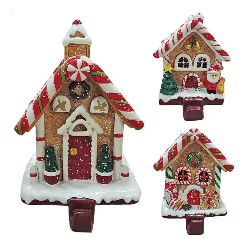 Christmas Gingerbread House Stocking Holder Resin Xmas Stocking Hangers Cartoon Holiday Party Decoration for Mantel Entrance