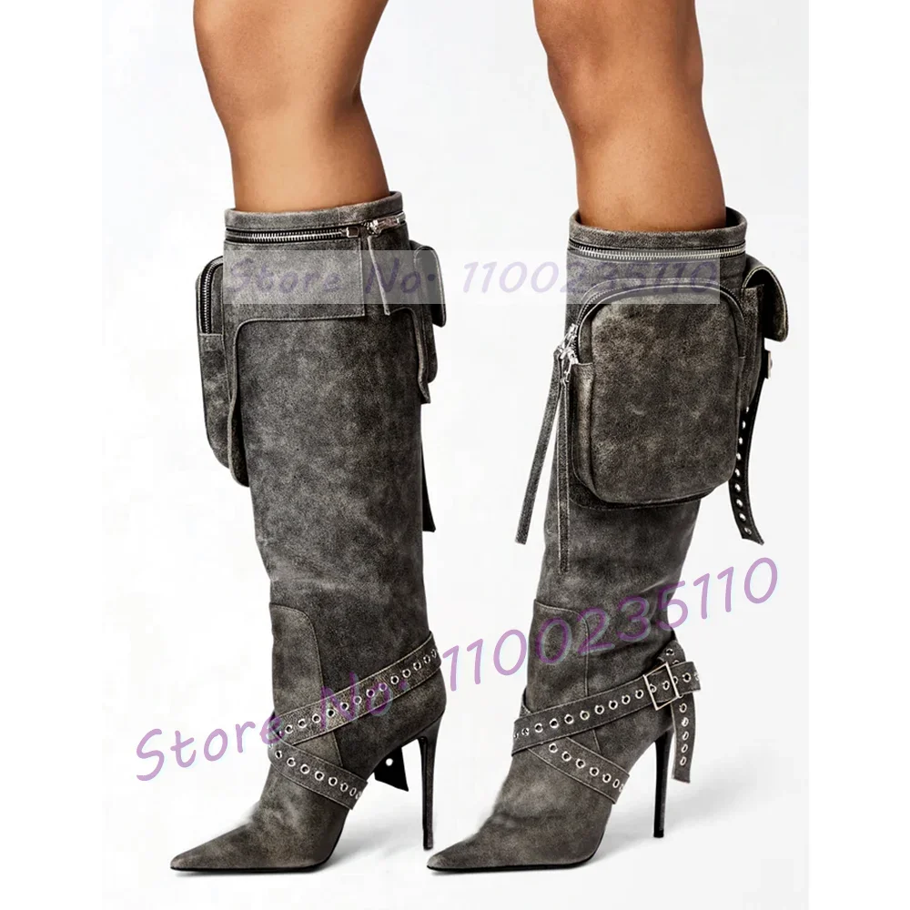

Vintage Black Pockets Knee High Boots Women Sexy Cross Belts Stylish Zipper Decor Shoes Pull-on Ladies Stiletto High Heels Boots