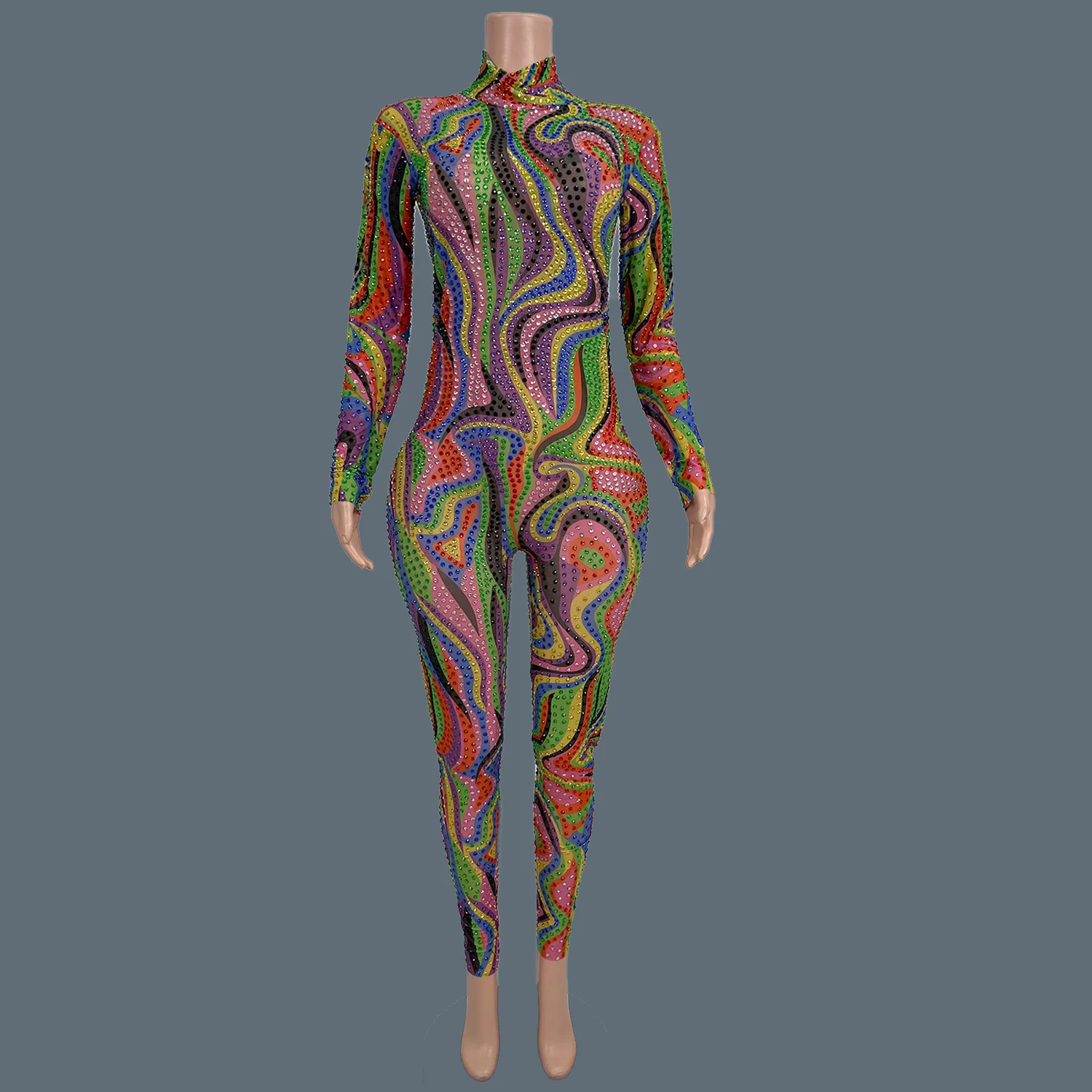 بذلة من حجر الراين بلون قوس قزح سباركلي، بدلة قفز ضيقة عصرية رائعة، ملابس سحب الملكة، ملابس الحفلات Liuliku