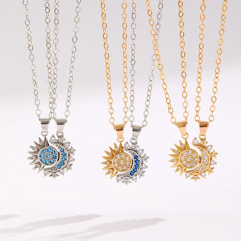 2Pcs/Set Magnetic Sun Moon Pendent Necklaces for Women Men Metal Zircon Rhinestone Sun Moon Couple Necklaces Set Jewelry Gifts