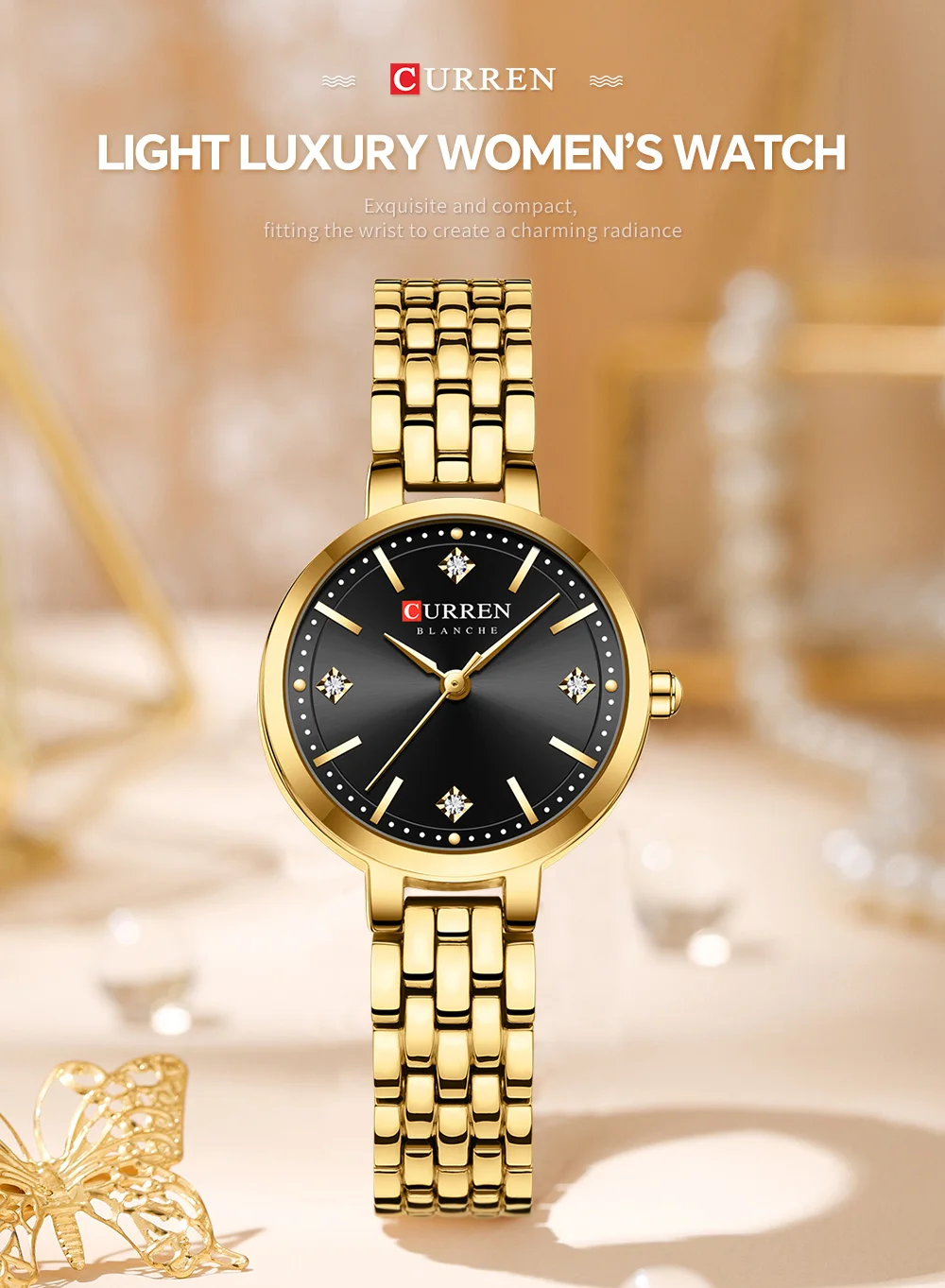 CURREN Damen Minimalistische Dünne Armbanduhr mit Funkelnden Strasssteinen, Luxuriöse Quarzuhr als Geschenk für Sie – Detail 1