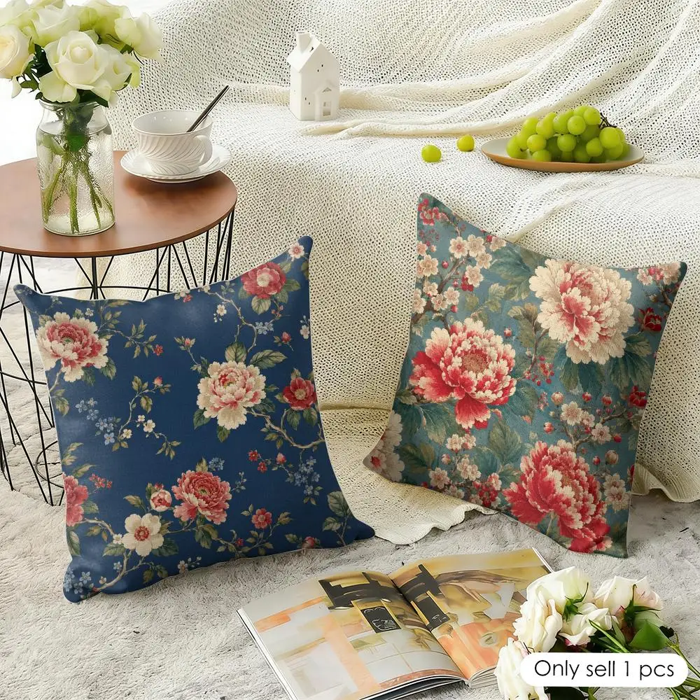 VINTAGE FLORAL BLUE Red Green Cushion Cover Natural Linen Organic Fabric Double-Sided Printing Breathable Perfect For Home Decor