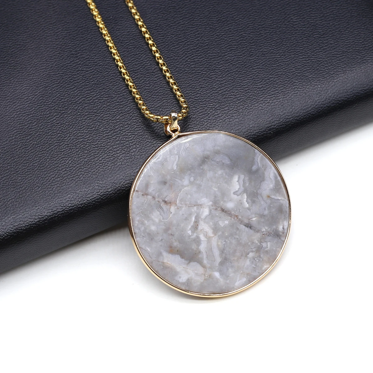 Natural StoneHealing Crystals Amazonite Round Pendant 50mm Necklace Stainless Steel Chain for Women Jewelry Gifts  60cm