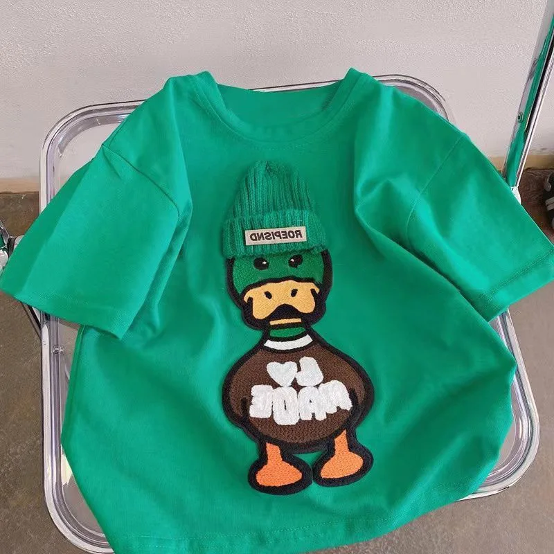 Arrival Popular Embroidered Duck Casual Korean Short Sleeved Casual Tshirt Suit 1-7Year Childrens Summer Boys Girls Tee Roupas