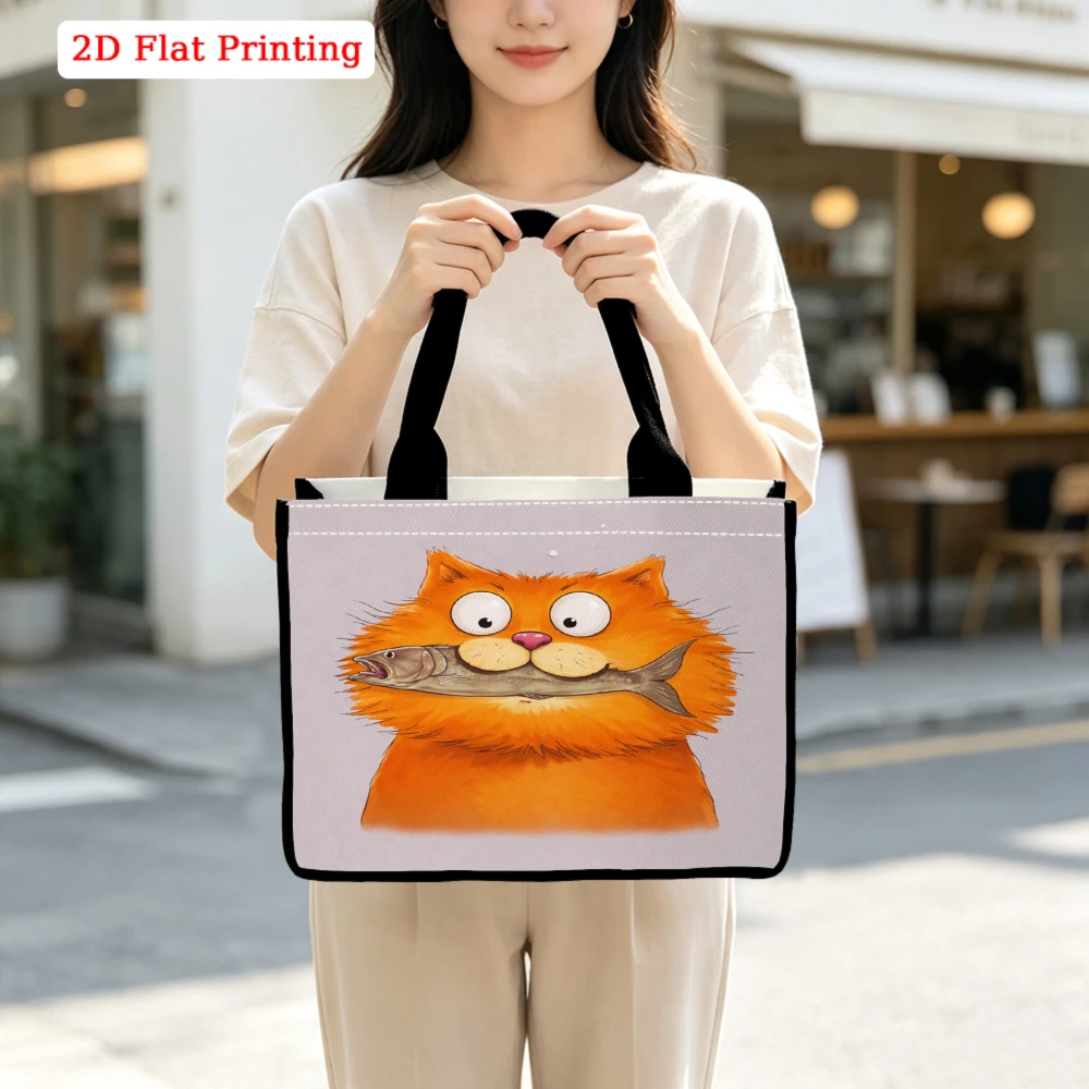 Funny Orange Cat Fish Print Tote Bag, Cute Cartoon Style for Cat Lovers, Large Capacity Handbag for Commute Shopping Travel