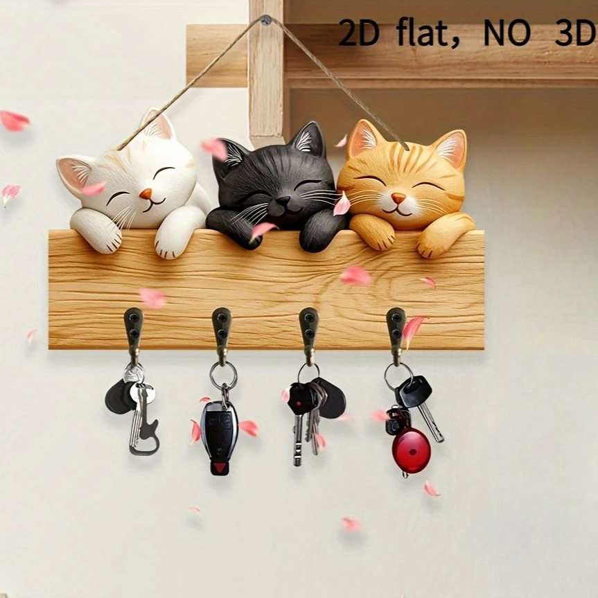 Space Saving Wall Mounted 2D Cat Sign Sleeping Kitten Key Holder Faux Log Frame Entryway Home Decor Cat Lover Holiday Gift