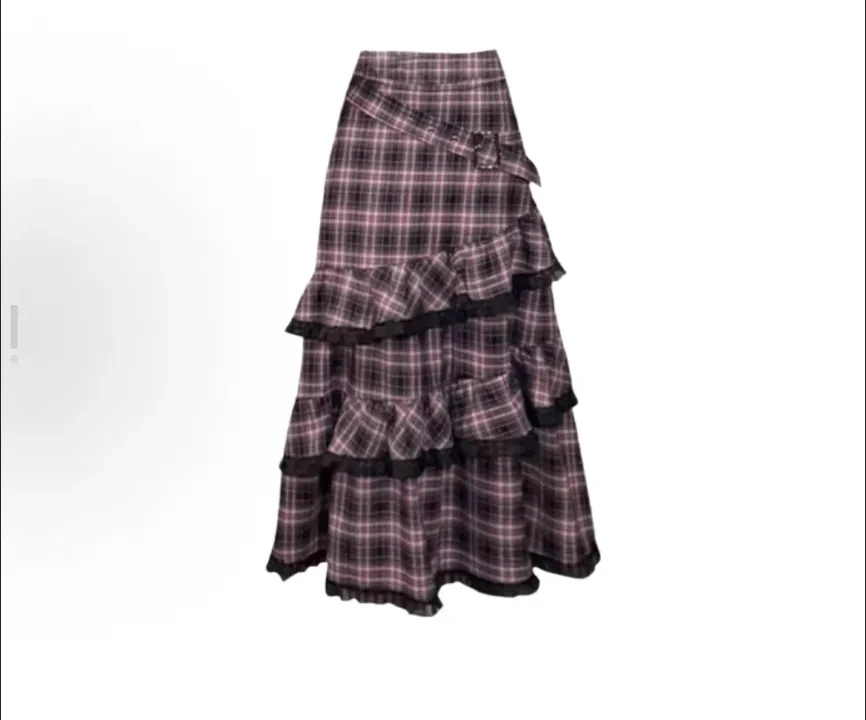 

Клетчатая юбка-тортик, женская осенне-зимняя длинная юбка трапециевидной формы с высокой талией и рюшами, милая универсальная юбка Y2k