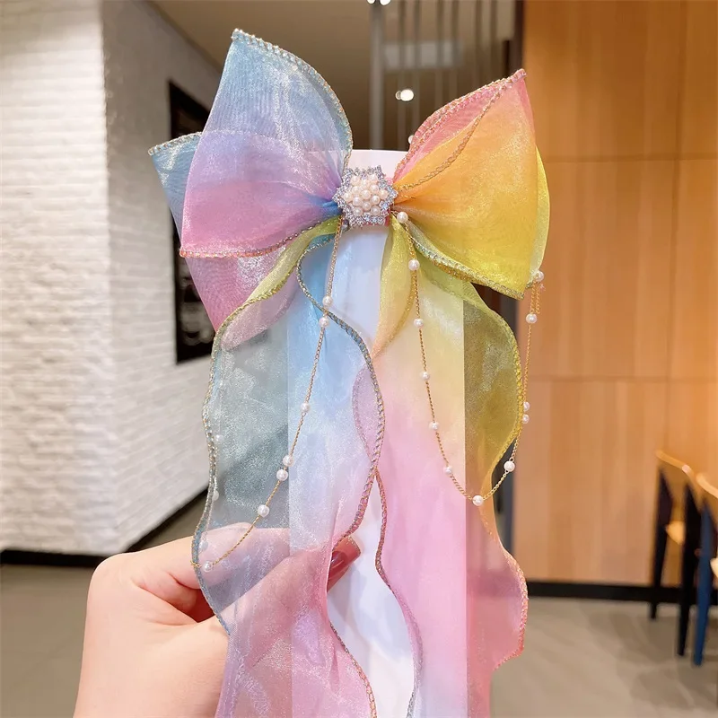 1PCS Rainbow Hair Clip Chiffon Bow Ribbon Girls Hairpins Cute Colorful Bows Flowers Children Hair Clips Fashion Hair Accessories