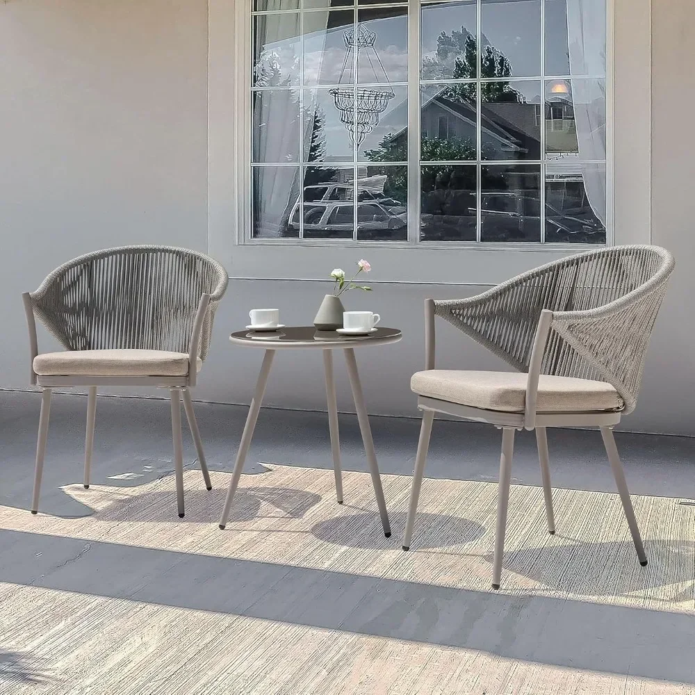 

Table and 2 Chairs Set in Woven Rope: Part of An All - Weather Aluminum Patio Conversation Bistro Set