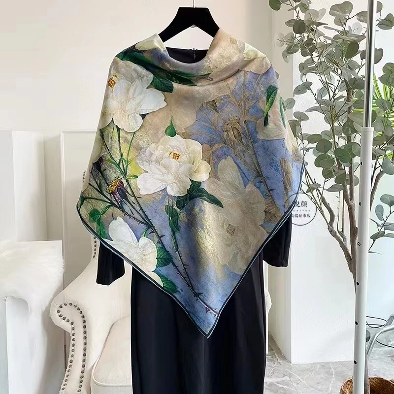 Chinese Rose 100% Silk Blue White Ladies\'s Scarves Dufanda Fall Winter Long Scarves Shawls Fashion Brand Silk Scarf Echarpes