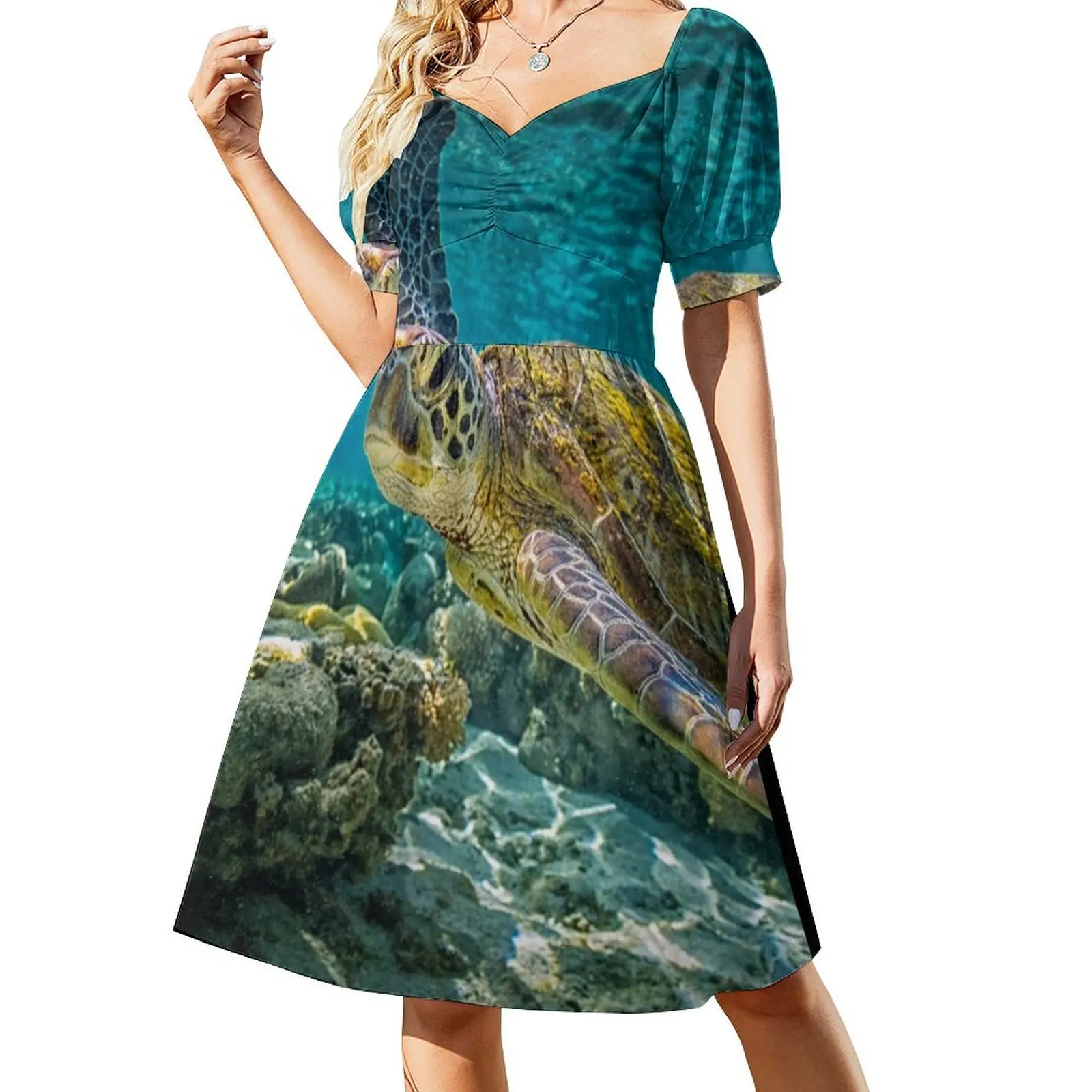 

Blue ocean sea turtle - summer sea swimming turtle Short-Sleeved Dress elegant women's dresses sale Woman dresses
