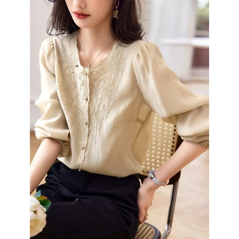 French Elegant Embroidery Blouse Women V Neck Scalloped Collar Long Sleeve Puff Cuff Autumn Casual Solid Loose Chic Shirt Tops