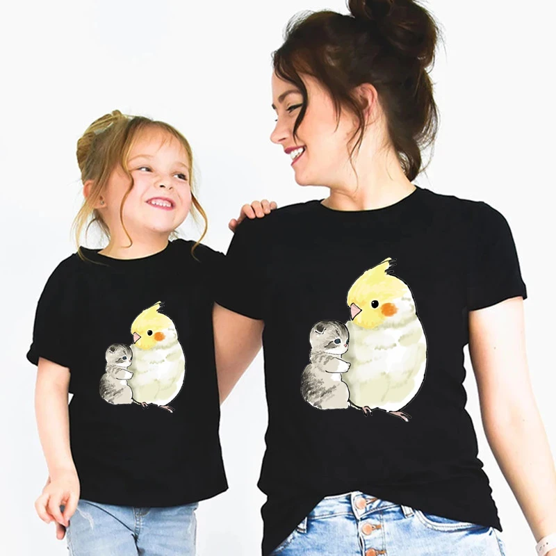 Papagei Katzen Familie T-Shirt Charkatoon Papagei Katze drucken Mutter T-Shirt Kurzarm für Kinder Kinder Kleidung Mädchen