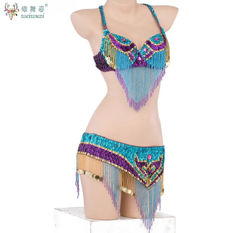 

Women's Oriental Style Hand Made Sequin Fringed Beaded Bra and Belt 2piece Water Diamond Oriental Dance Costume Performance Suit